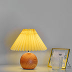 Modern Beige and White Pleated Table Lamp with Wood Base – LED Bedside or Desk Light 1