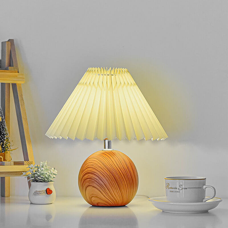 Modern Beige and White Pleated Table Lamp with Wood Base – LED Bedside or Desk Light 2