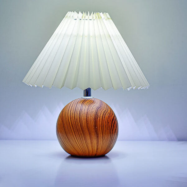 Modern Beige and White Pleated Table Lamp with Wood Base – LED Bedside or Desk Light 3