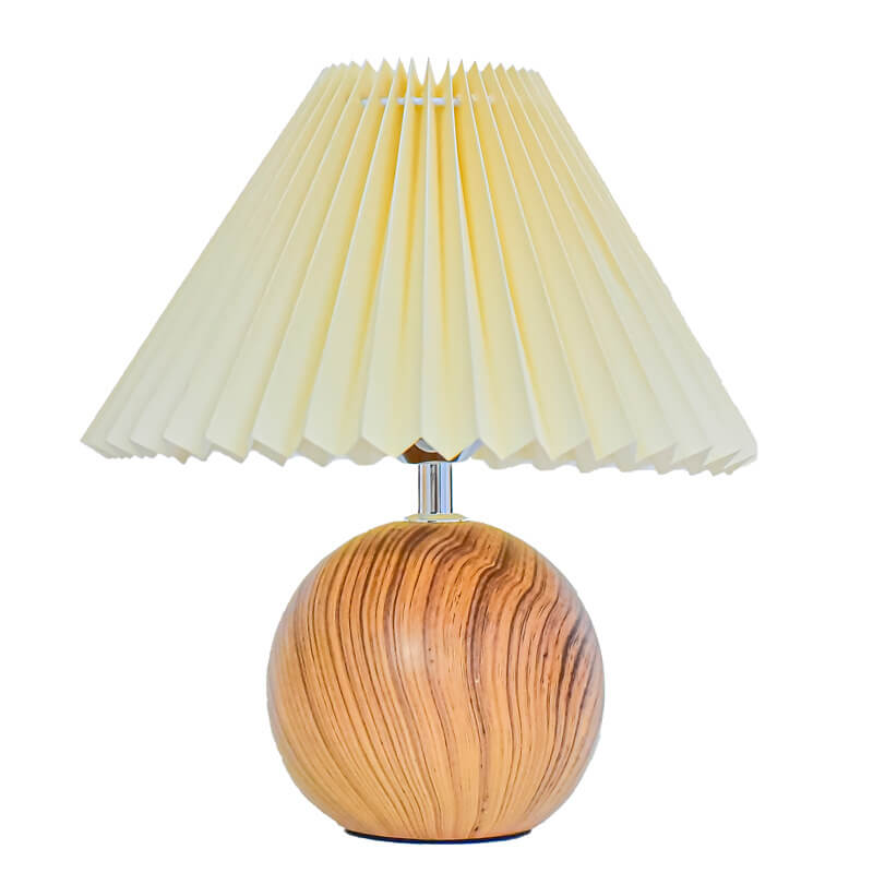 Modern Beige and White Pleated Table Lamp with Wood Base – LED Bedside or Desk Light 4