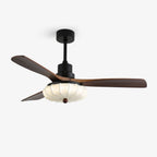 Modern Ceiling Light Textured Fabric Walnut Wood Adjustable Height 1