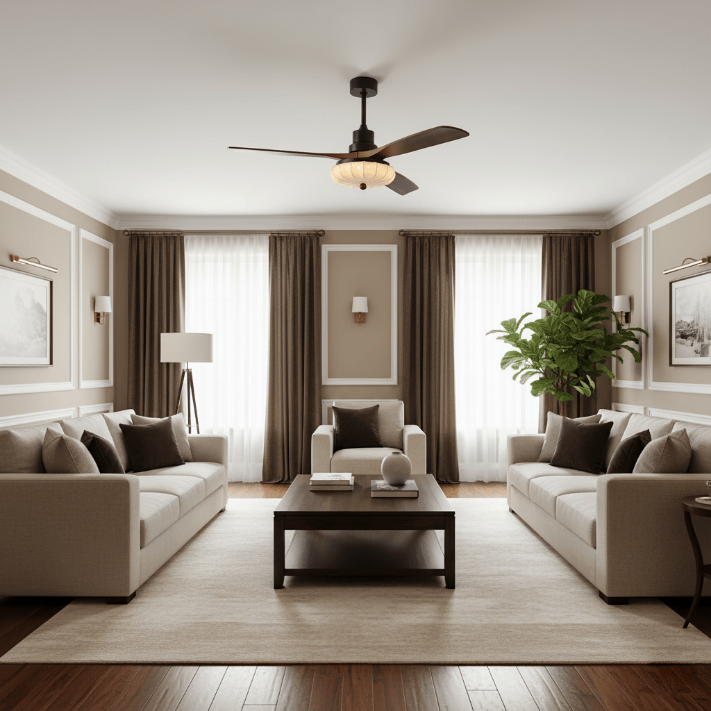 Modern Ceiling Light Textured Fabric Walnut Wood Adjustable Height 7