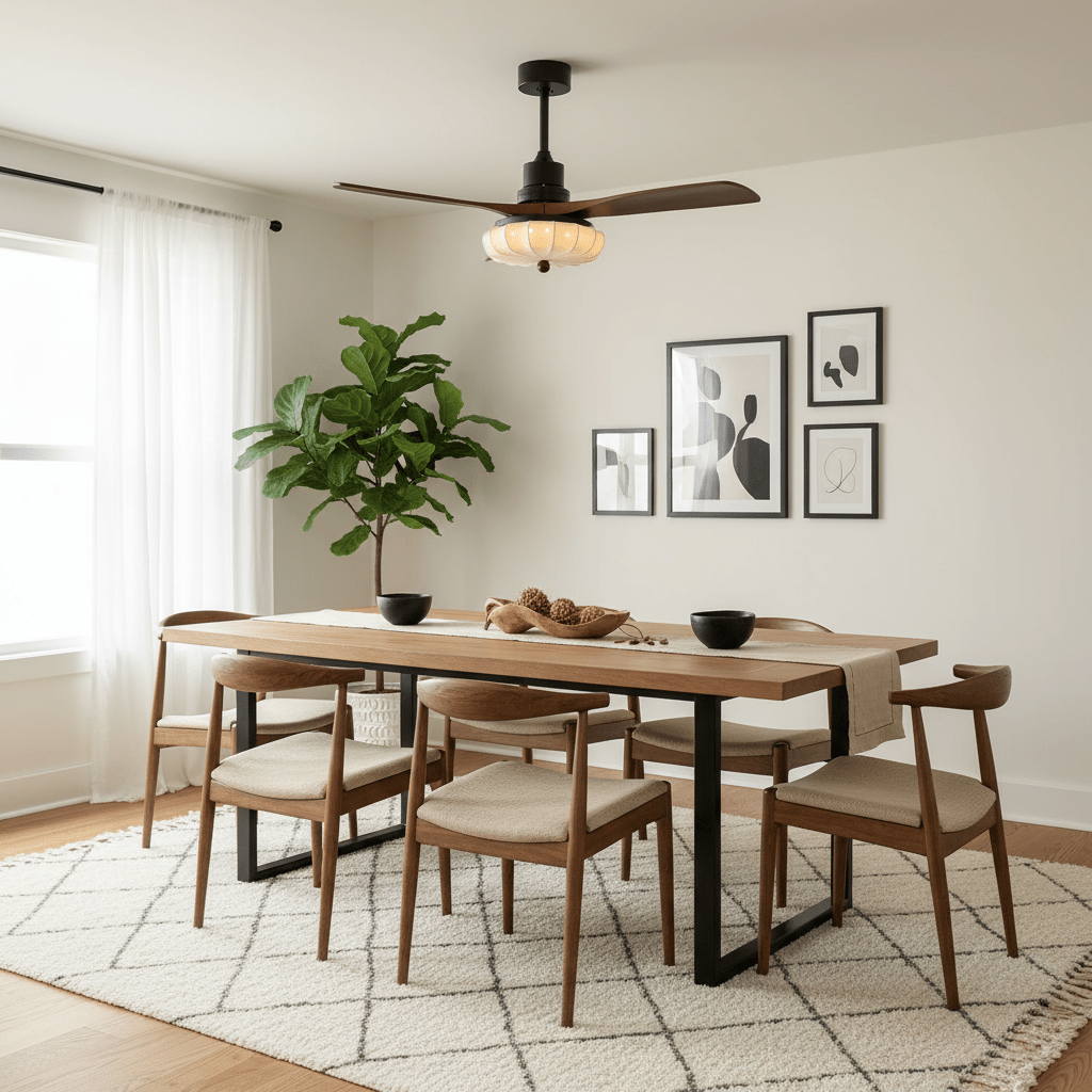Modern Ceiling Light Textured Fabric Walnut Wood Adjustable Height 8