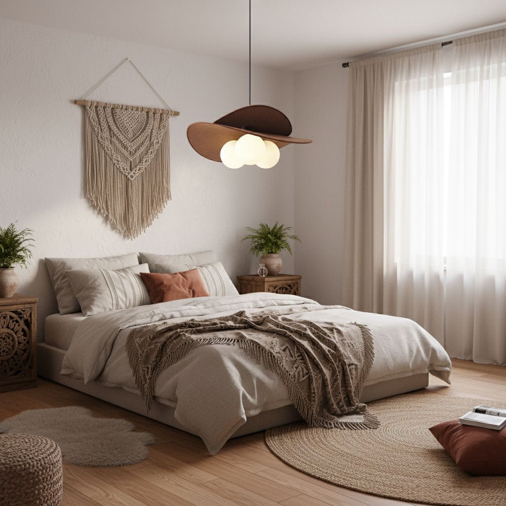 Modern Chandelier Ash Wood Fabric Petal Design Adjustable Height 5