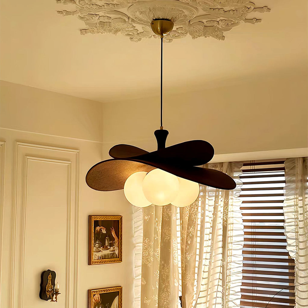 Modern Chandelier Ash Wood Fabric Petal Design Adjustable Height 6