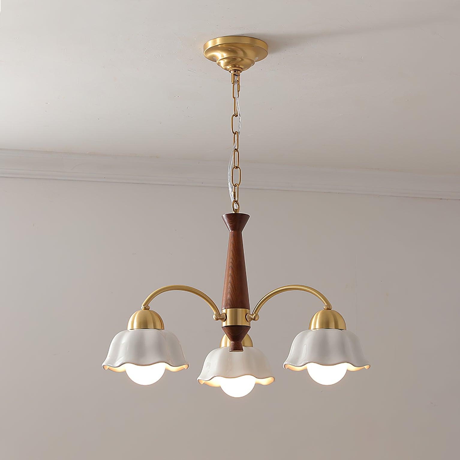 Modern Chandelier Brass Wood Opaline Five Light Elegant 0
