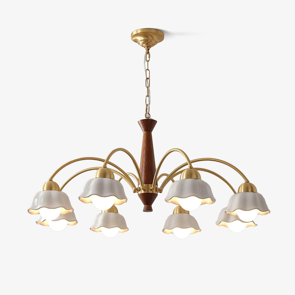 Modern Chandelier Brass Wood Opaline Five Light Elegant 1