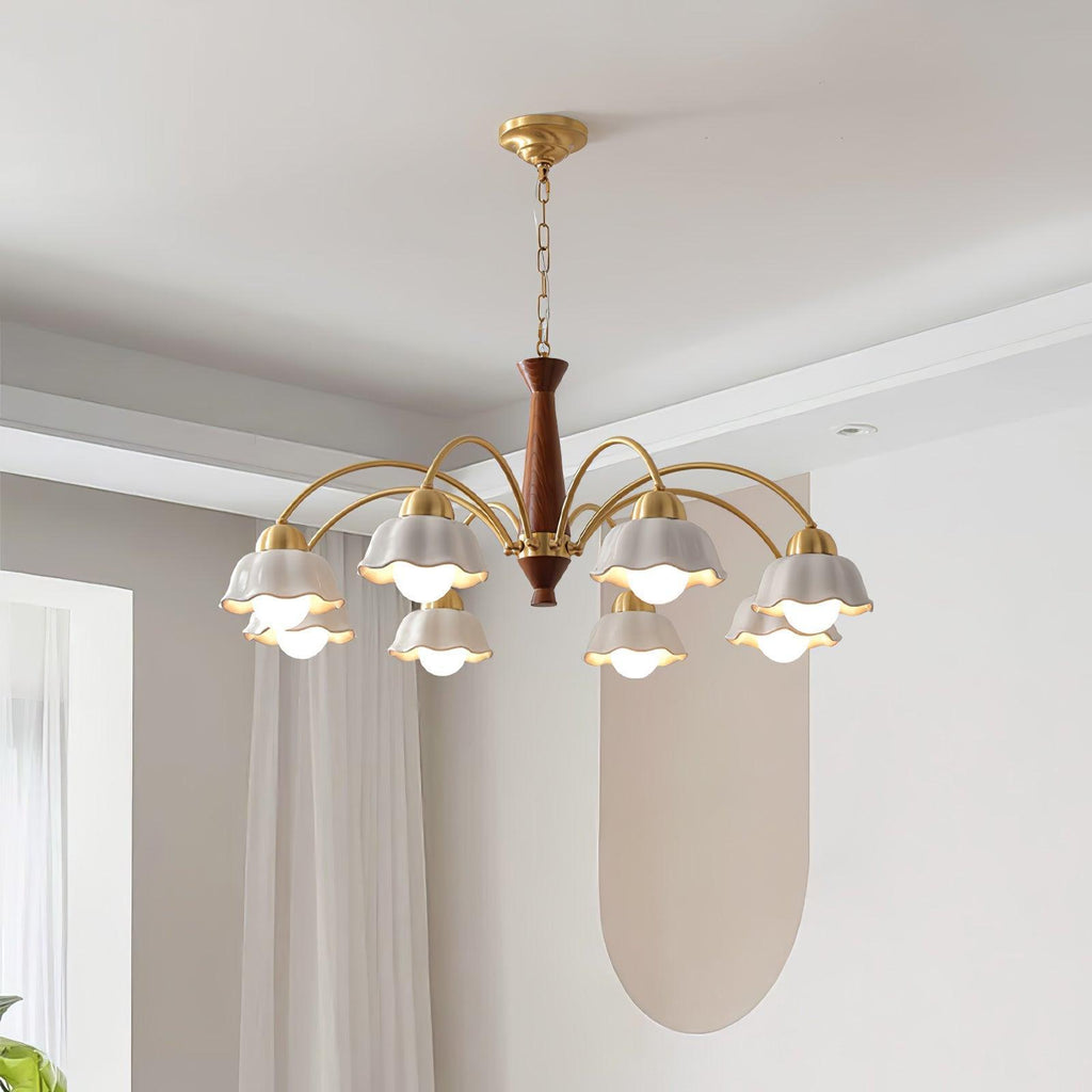 Modern Chandelier Brass Wood Opaline Five Light Elegant 2