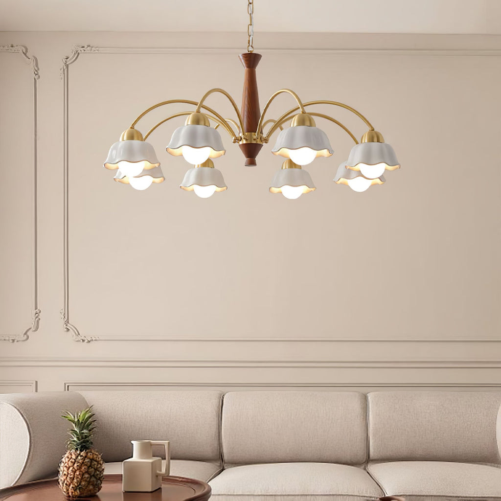Modern Chandelier Brass Wood Opaline Five Light Elegant 3