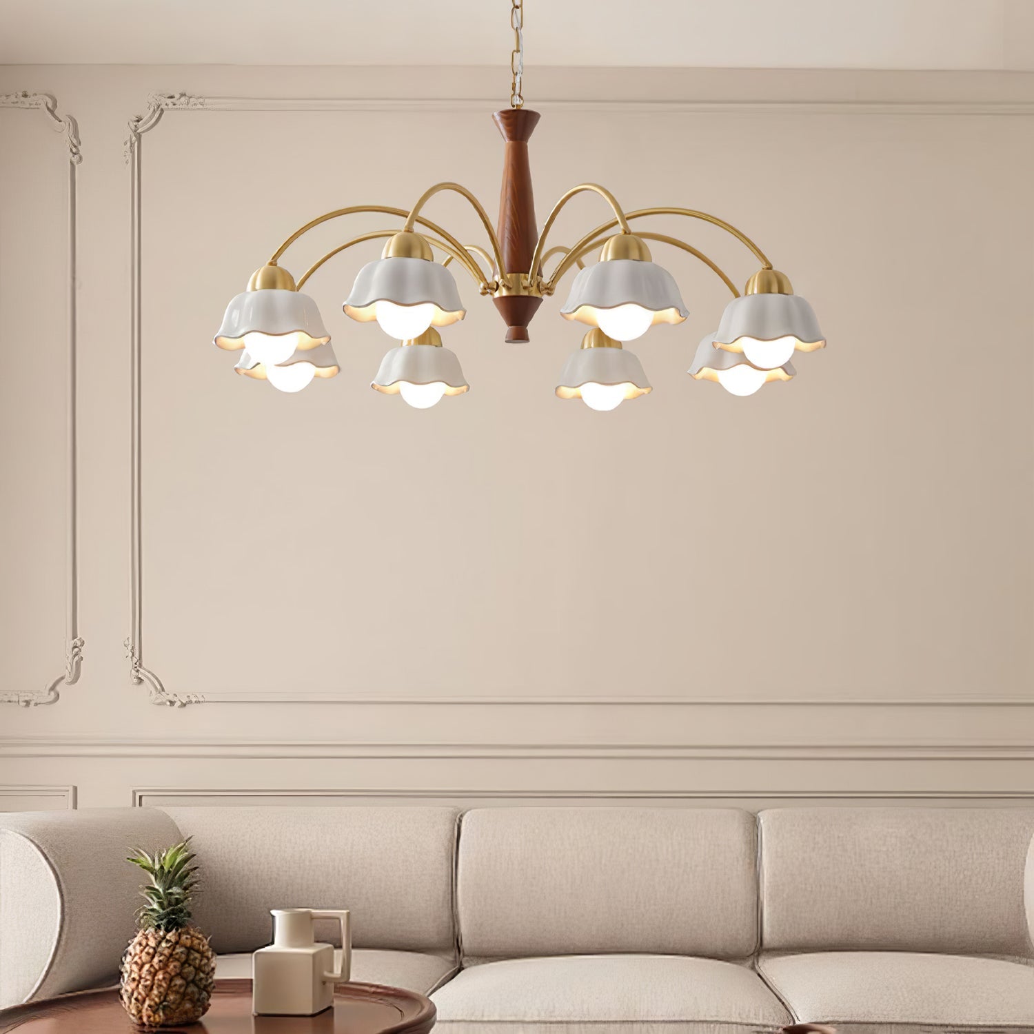 Modern Chandelier Brass Wood Opaline Five Light Elegant 3