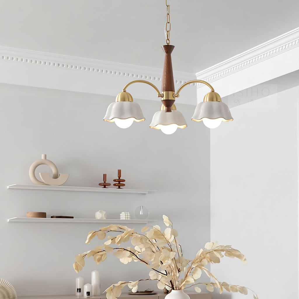 Modern Chandelier Brass Wood Opaline Five Light Elegant 4