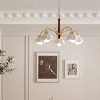 Modern Chandelier Brass Wood Opaline Five Light Elegant 5