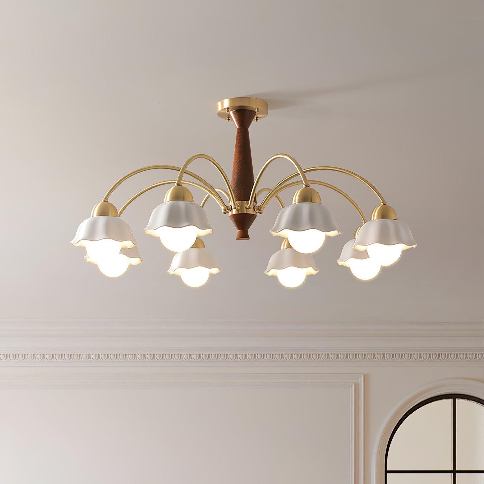 Modern Chandelier Brass Wood Opaline Five Light Elegant 6