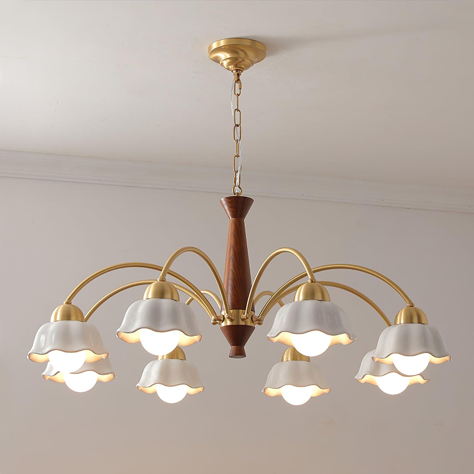 Modern Chandelier Brass Wood Opaline Five Light Elegant 7