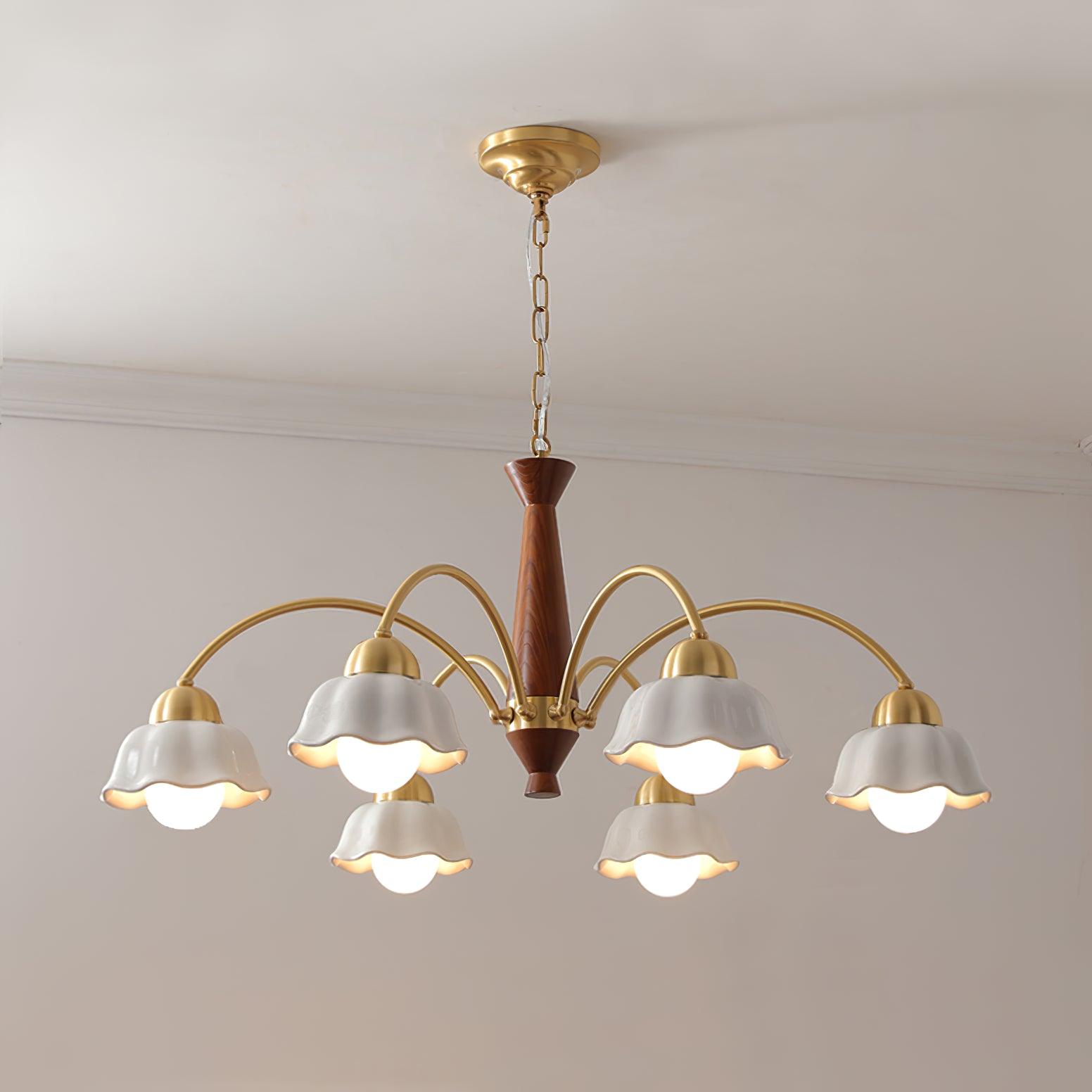 Modern Chandelier Brass Wood Opaline Five Light Elegant 8