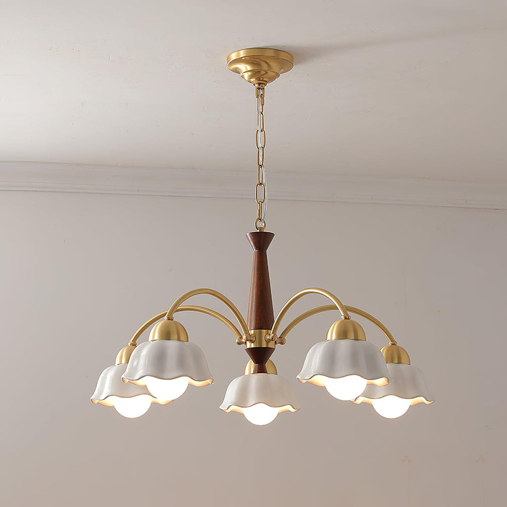 Modern Chandelier Brass Wood Opaline Five Light Elegant 9