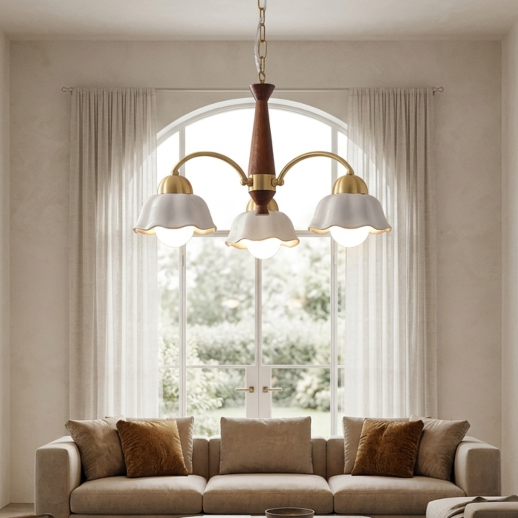 Modern Chandelier Brass Wood Opaline Five Light Elegant 99