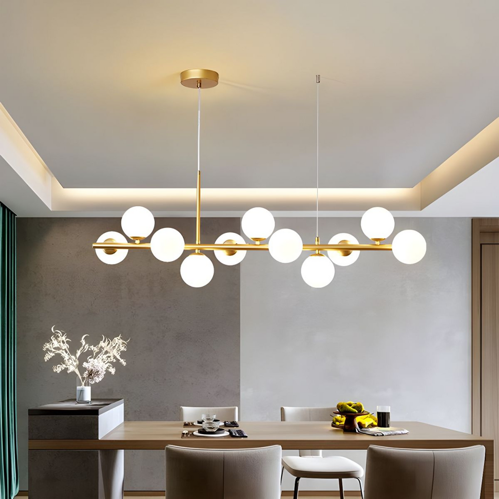 Modern Chandelier Glass Globes Sleek Metal Frame Adjustable 7
