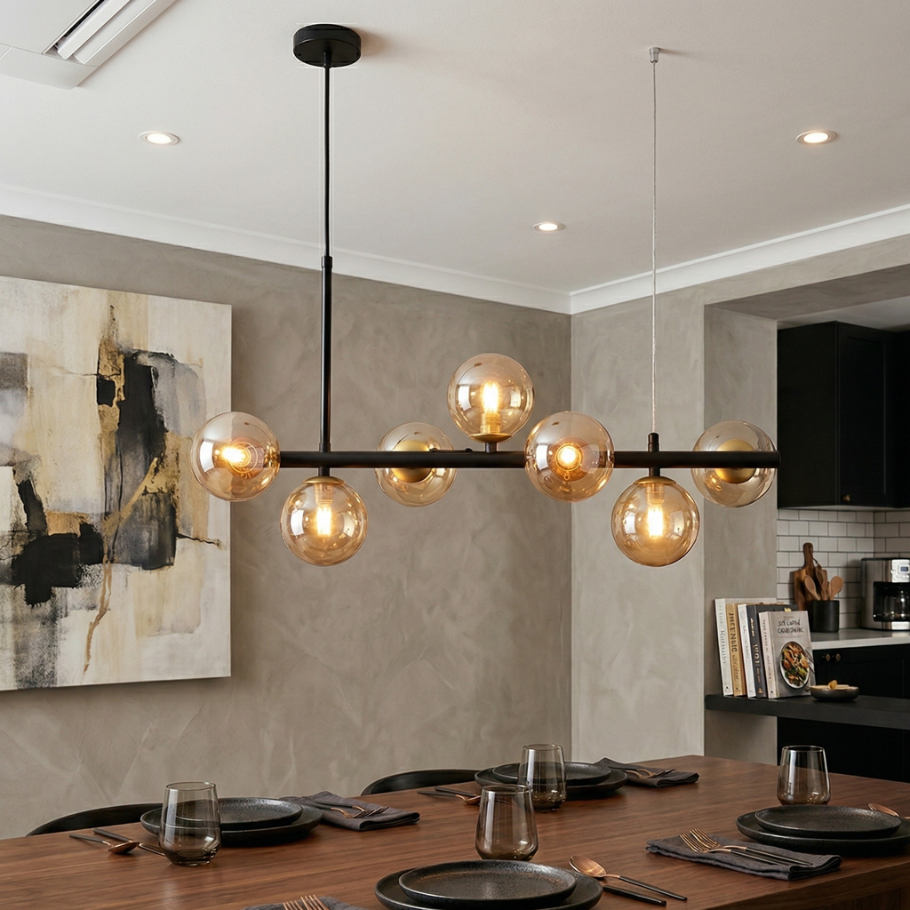 Modern Chandelier Glass Globes Sleek Metal Frame Adjustable 99