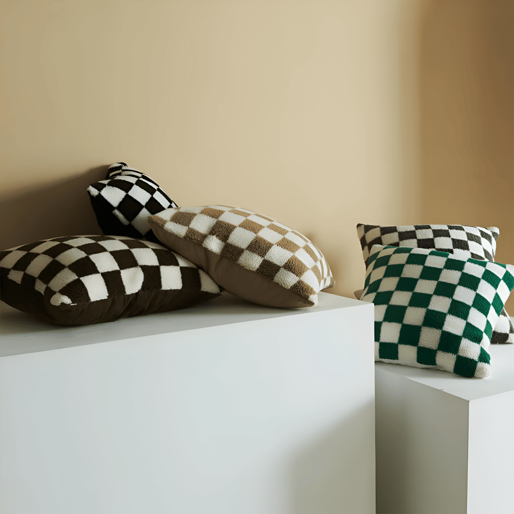 Modern Checkered Cushion Cover – Matcha Green and Coffee Brown, Soft Polyester, Hidden Zipper, Stylish Home Accent 1