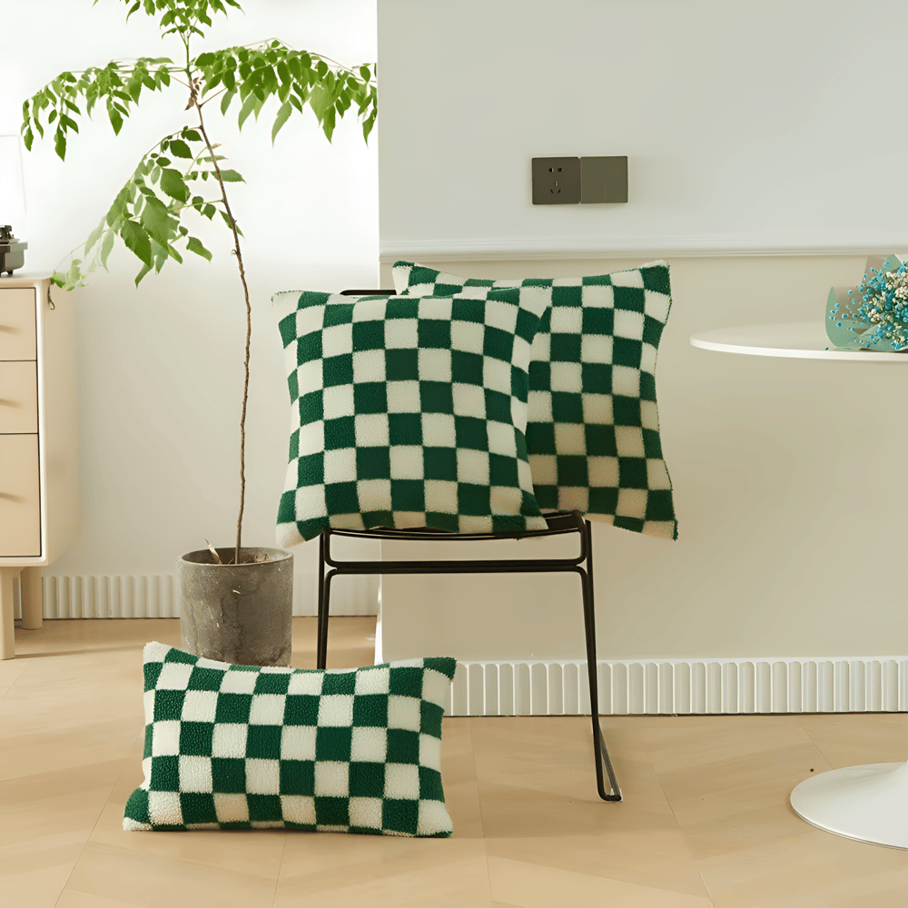 Modern Checkered Cushion Cover – Matcha Green and Coffee Brown, Soft Polyester, Hidden Zipper, Stylish Home Accent 7