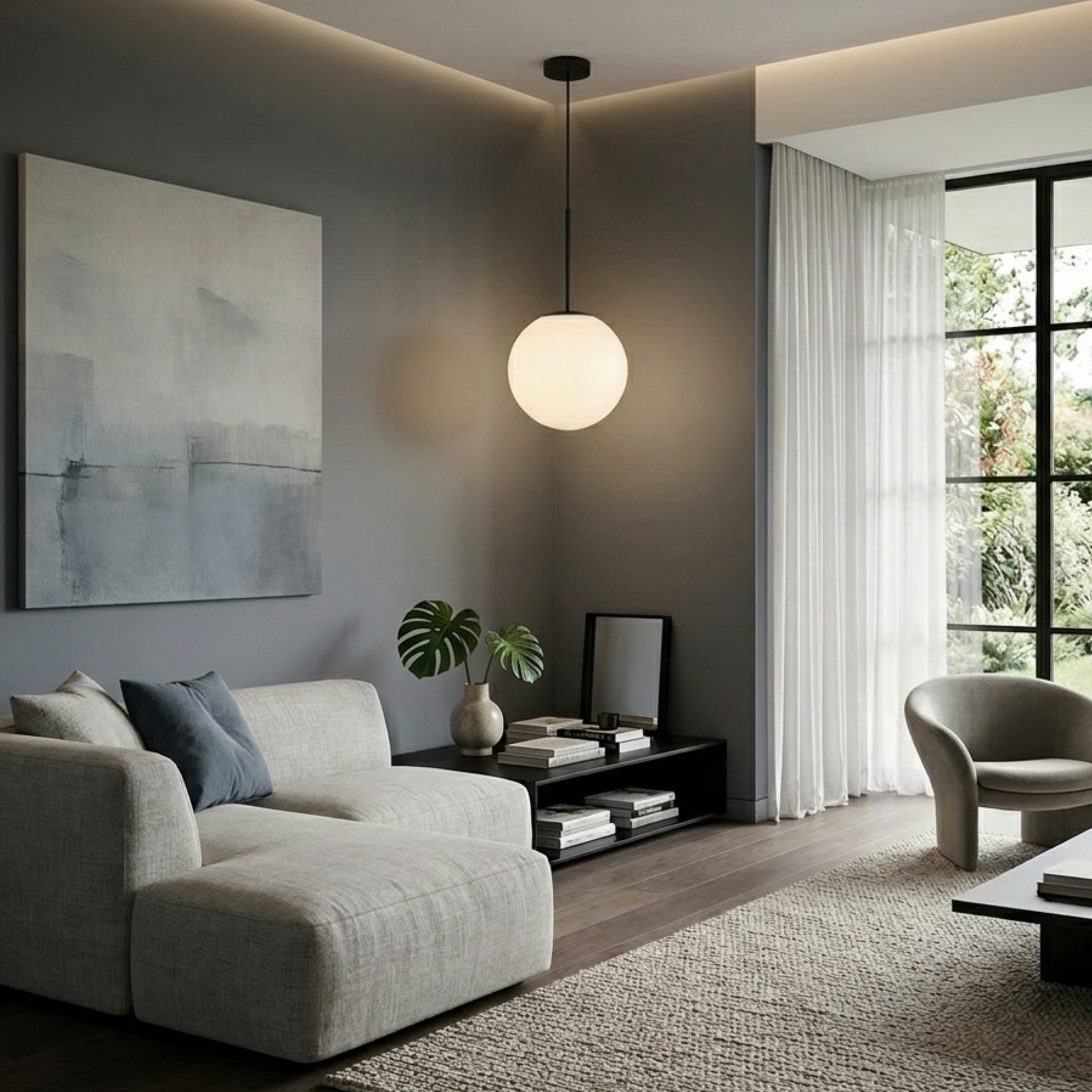 Modern Globe Pendant Light Matte Black Stem Opal White Glass Ball 99