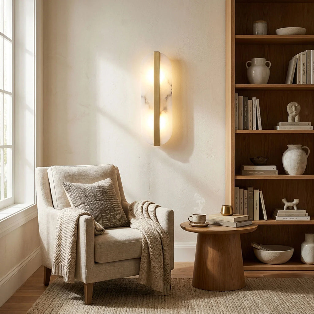 White Alabaster Brass LED Wall Sconce Oval Shade Gold Accent Modern Living Room Bedroom Home Decor - Stack & Clear 7