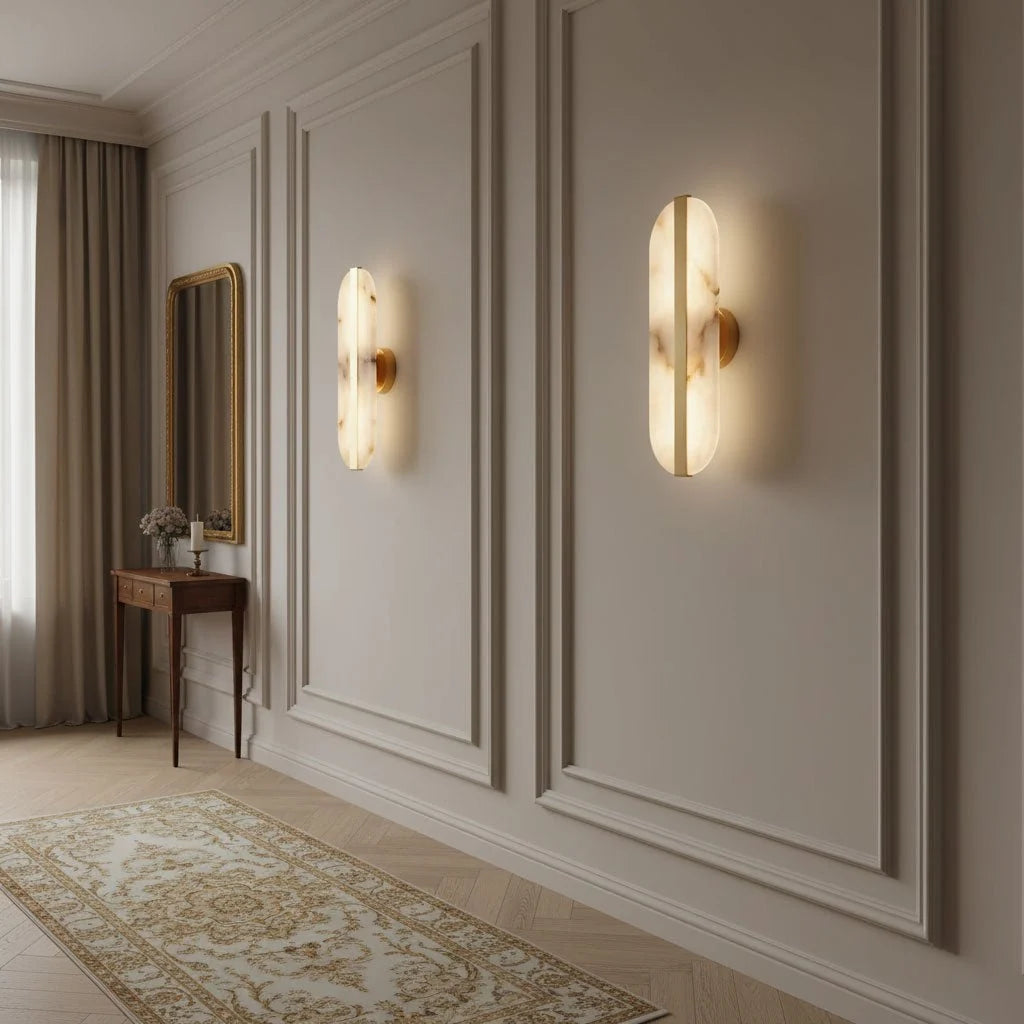 White Alabaster Brass LED Wall Sconce Oval Shade Gold Accent Modern Living Room Bedroom Home Decor - Stack & Clear 8