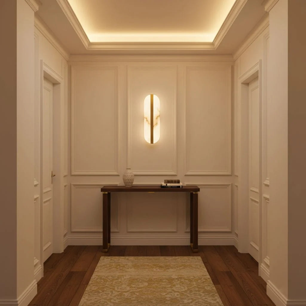 White Alabaster Brass LED Wall Sconce Oval Shade Gold Accent Modern Living Room Bedroom Home Decor - Stack & Clear 11