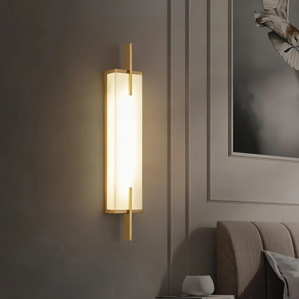 White Alabaster LED Wall Sconce Vertical Slab Brass Copper Finish Modern Living Room Hallway Home Decor - Stack & Clear 7