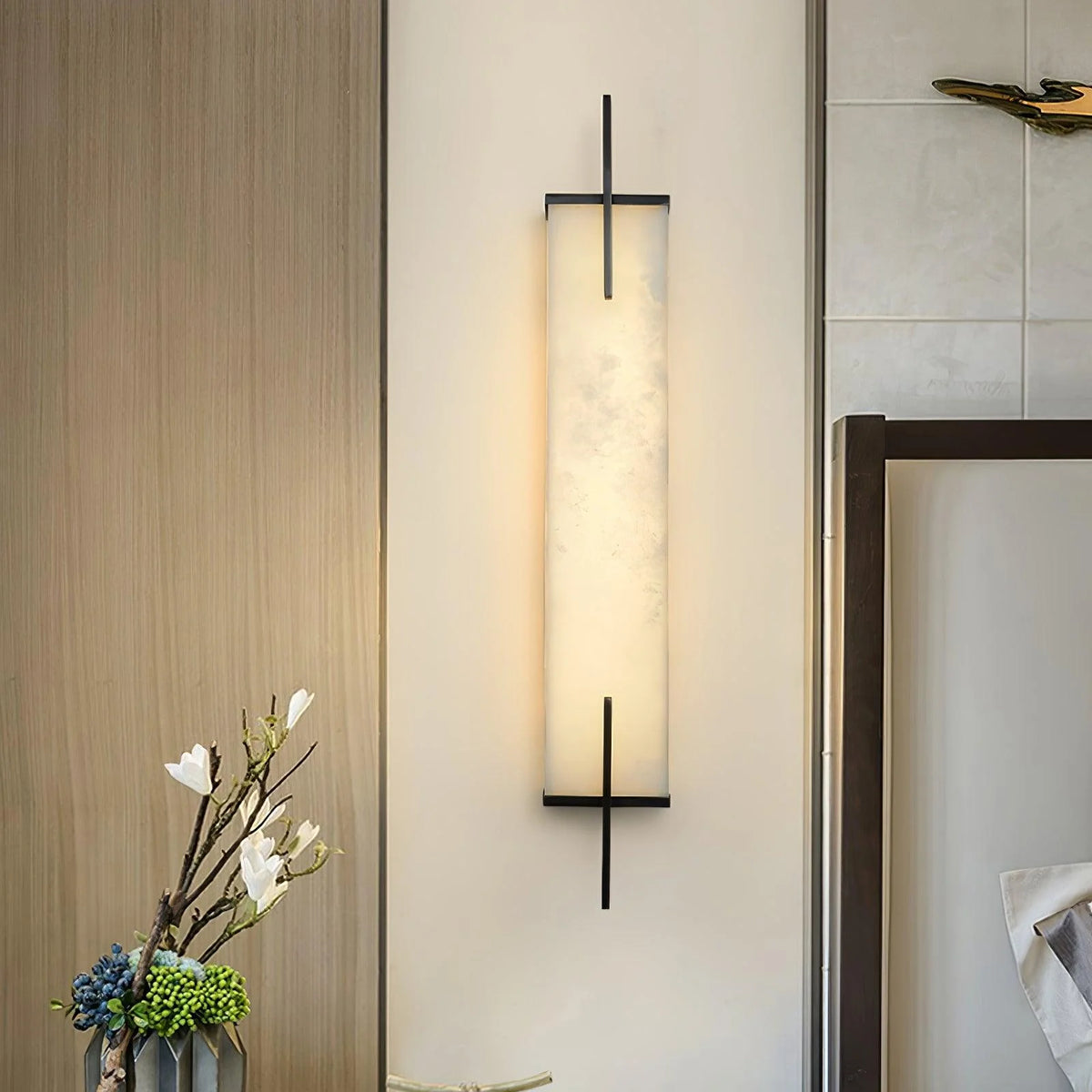 White Alabaster LED Wall Sconce Vertical Slab Brass Copper Finish Modern Living Room Hallway Home Decor - Stack & Clear 6