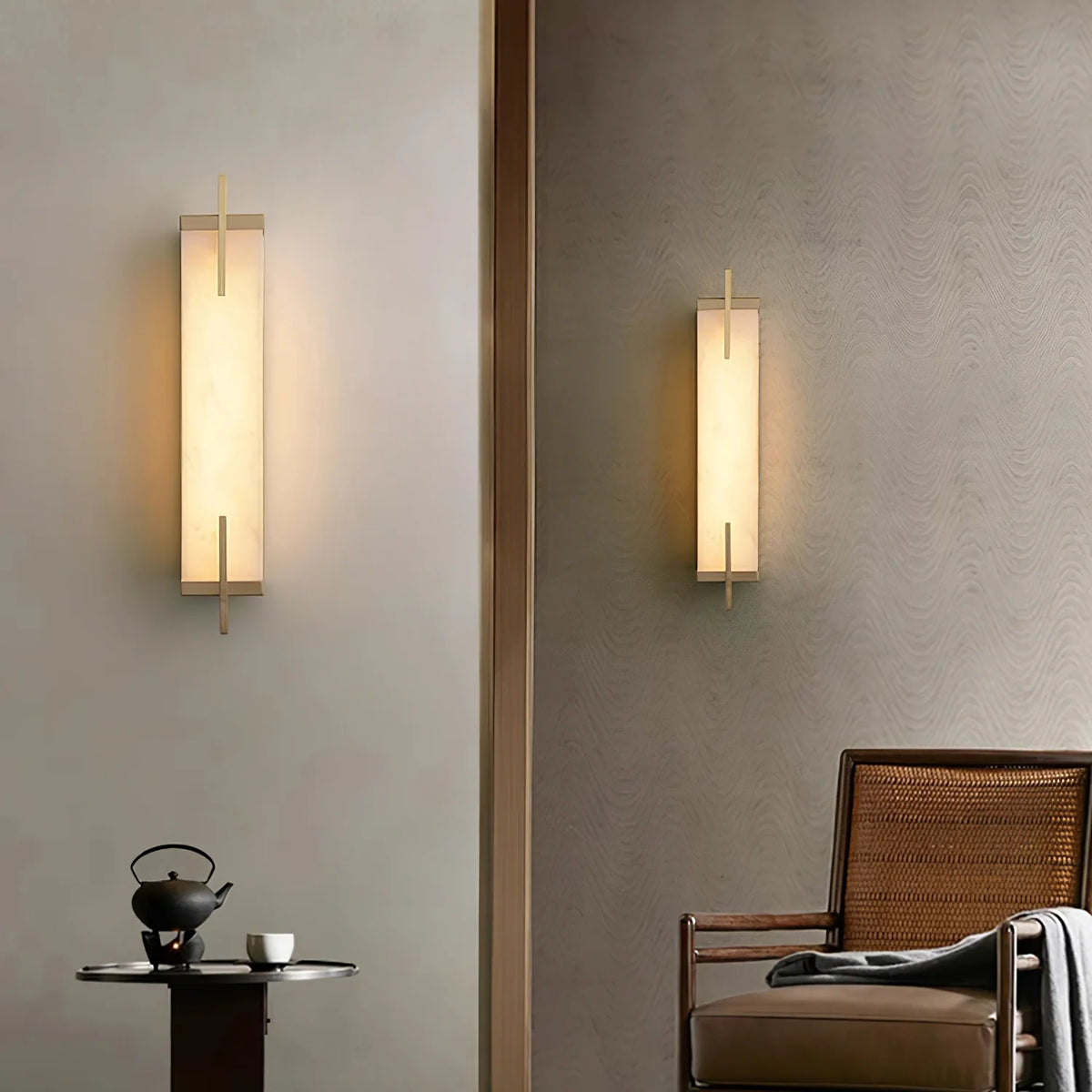 White Alabaster LED Wall Sconce Vertical Slab Brass Copper Finish Modern Living Room Hallway Home Decor - Stack & Clear 9