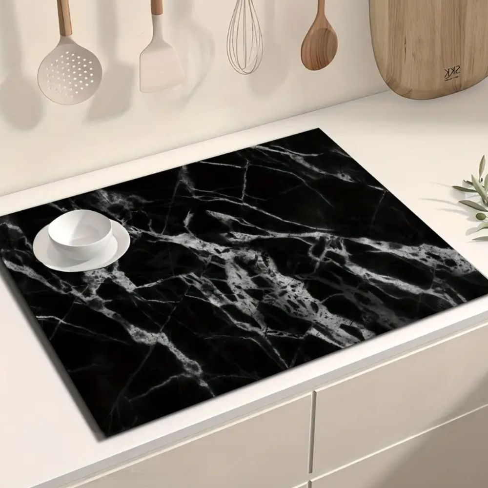 Modern Marble Print Dish Drying Mat Diatom Mud Black/White 4