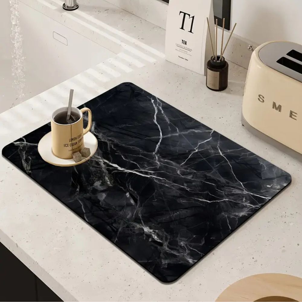 Modern Marble Print Dish Drying Mat Diatom Mud Black/White 6