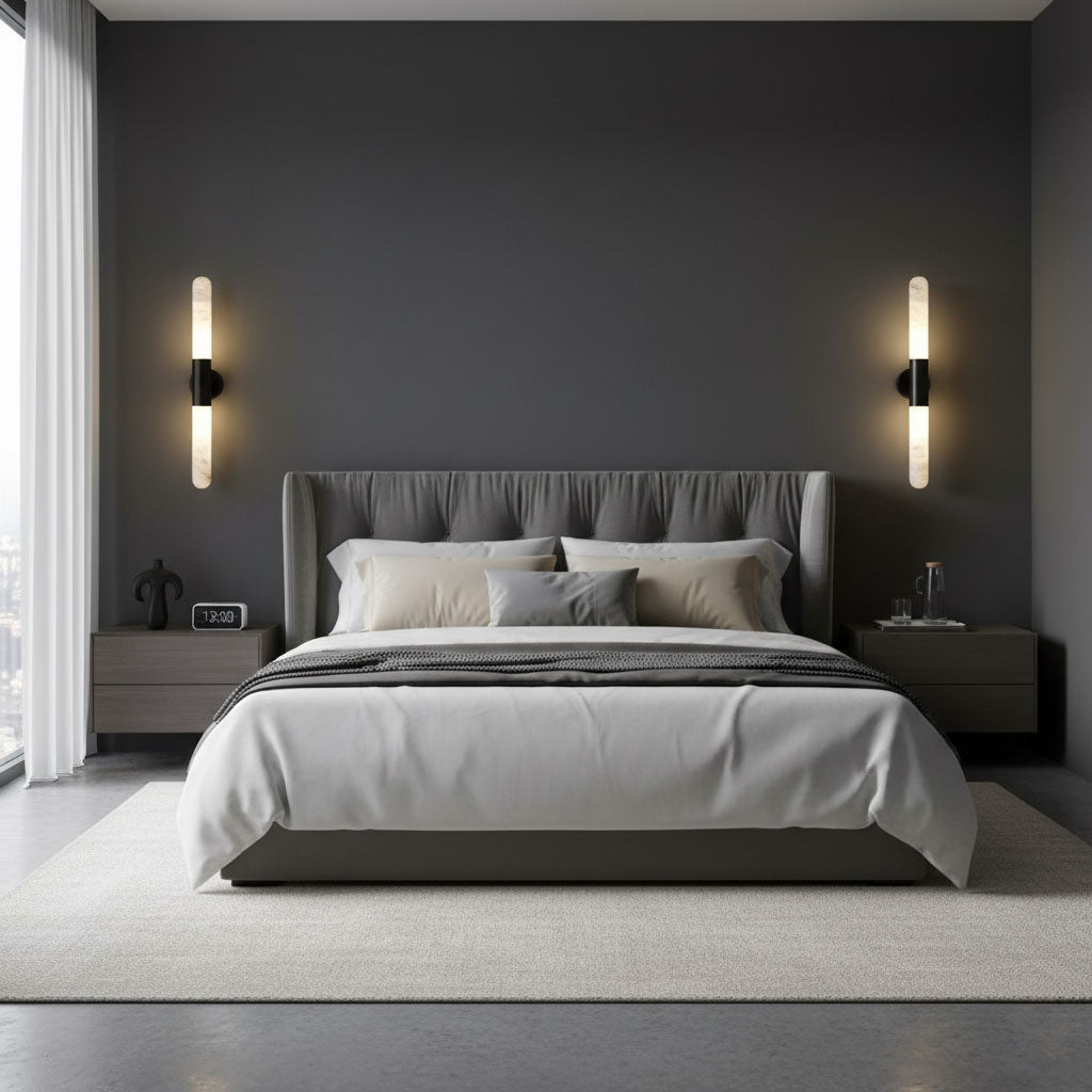 Modern Minimalist Dimmable Wall Light Black Metal Alabaster  
Elegant LED Wall Sconce Black Metal Alabaster Finish  
Contemporary Accent Wall Sconce LED Black Metal Alabaster 5