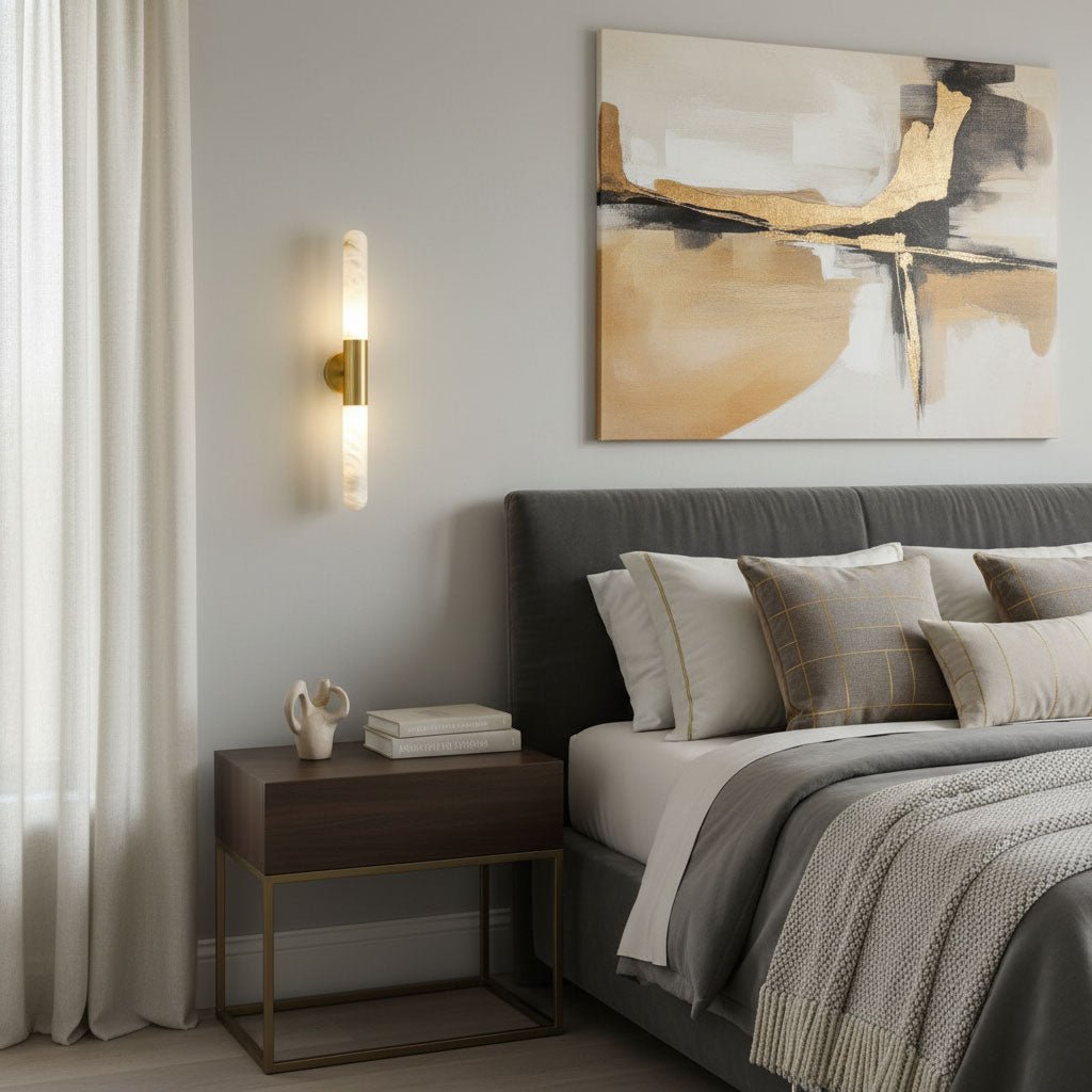 Modern Minimalist Dimmable Wall Light Black Metal Alabaster  
Elegant LED Wall Sconce Black Metal Alabaster Finish  
Contemporary Accent Wall Sconce LED Black Metal Alabaster 6