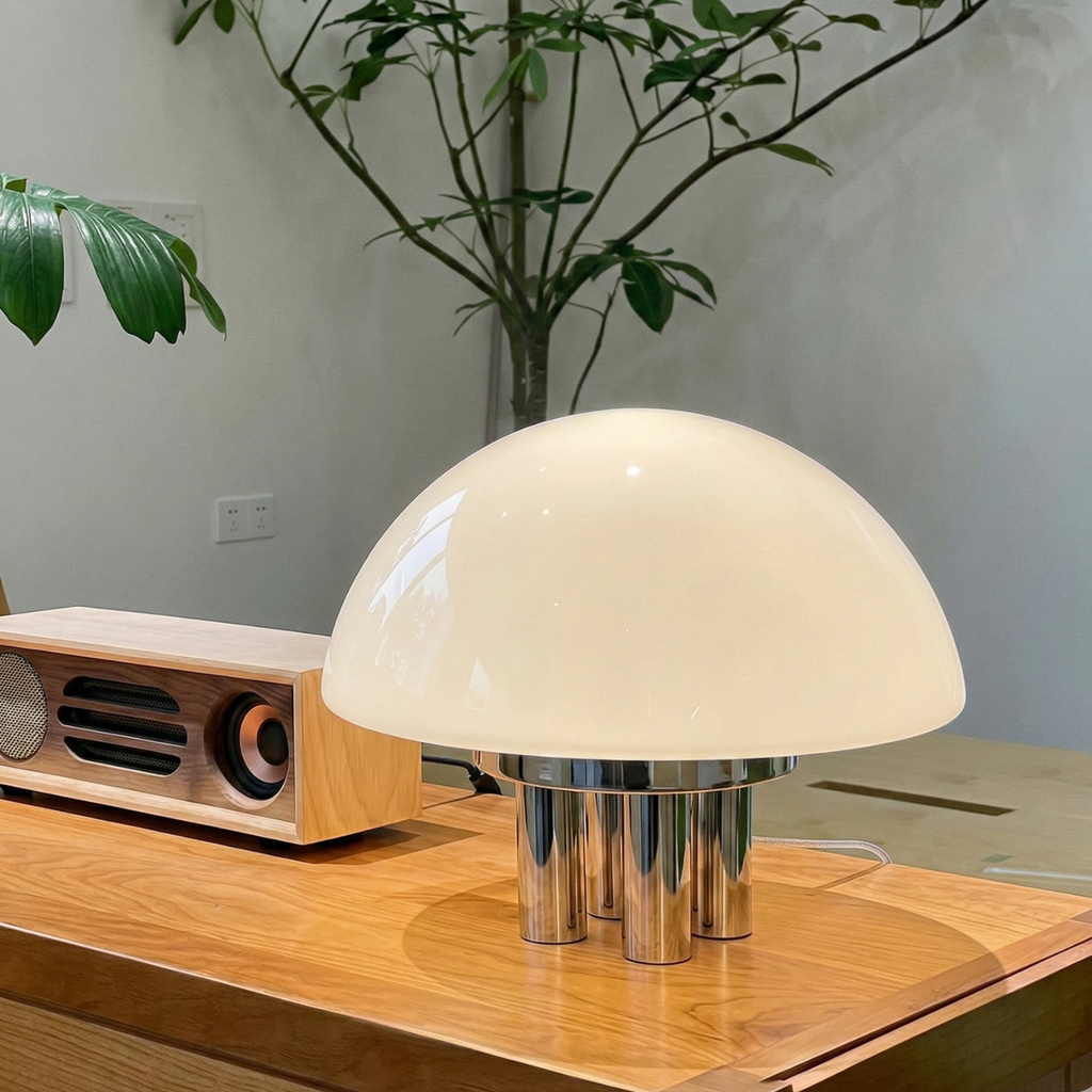 Modern Mushroom Bedside Lamp Milk-White Glass Metal 1