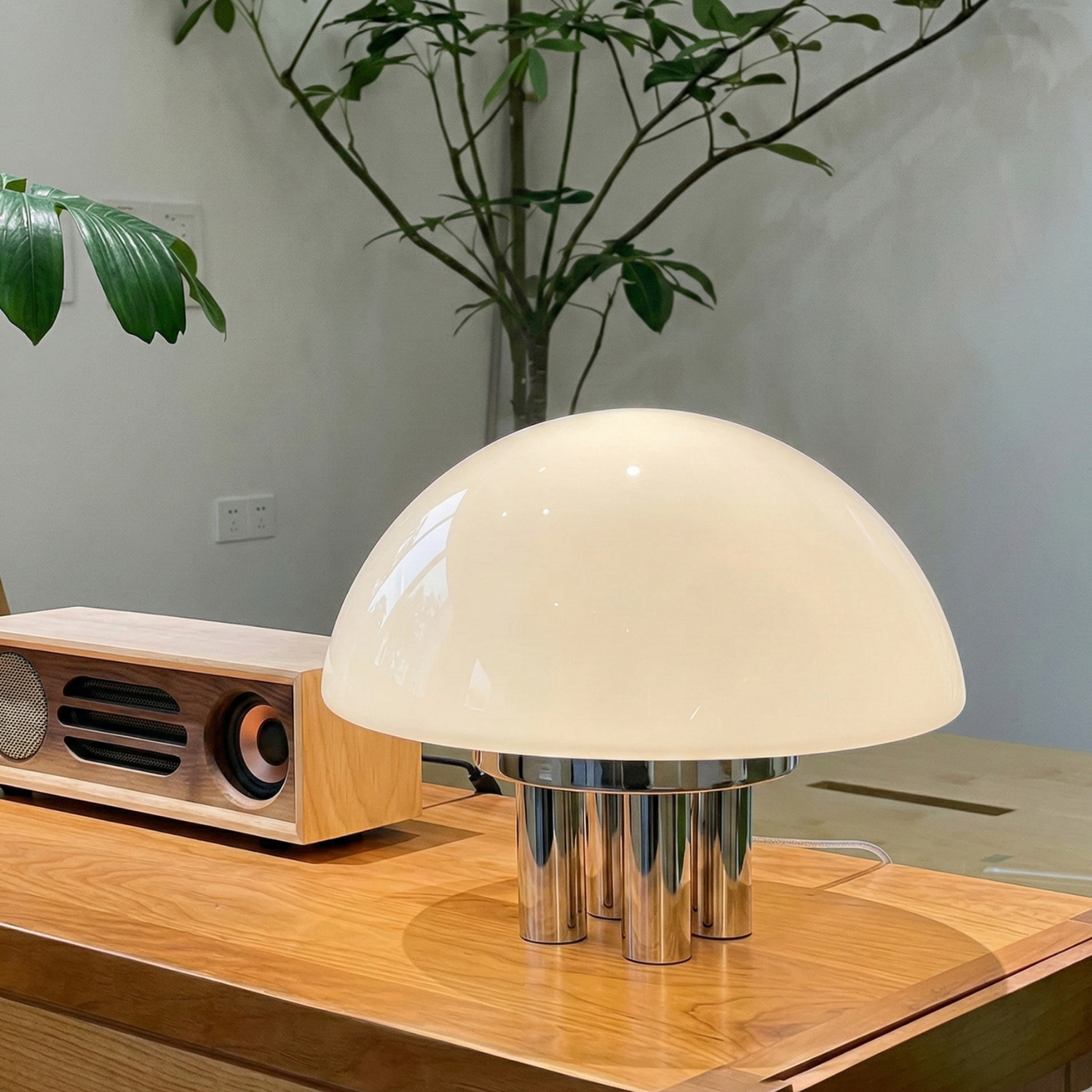 Modern Mushroom Bedside Lamp Milk-White Glass Metal 1