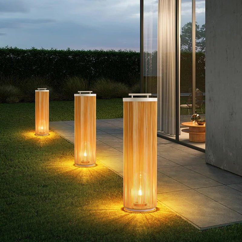 Modern Solar Outdoor Post Light Natural Rattan Waterproof 3