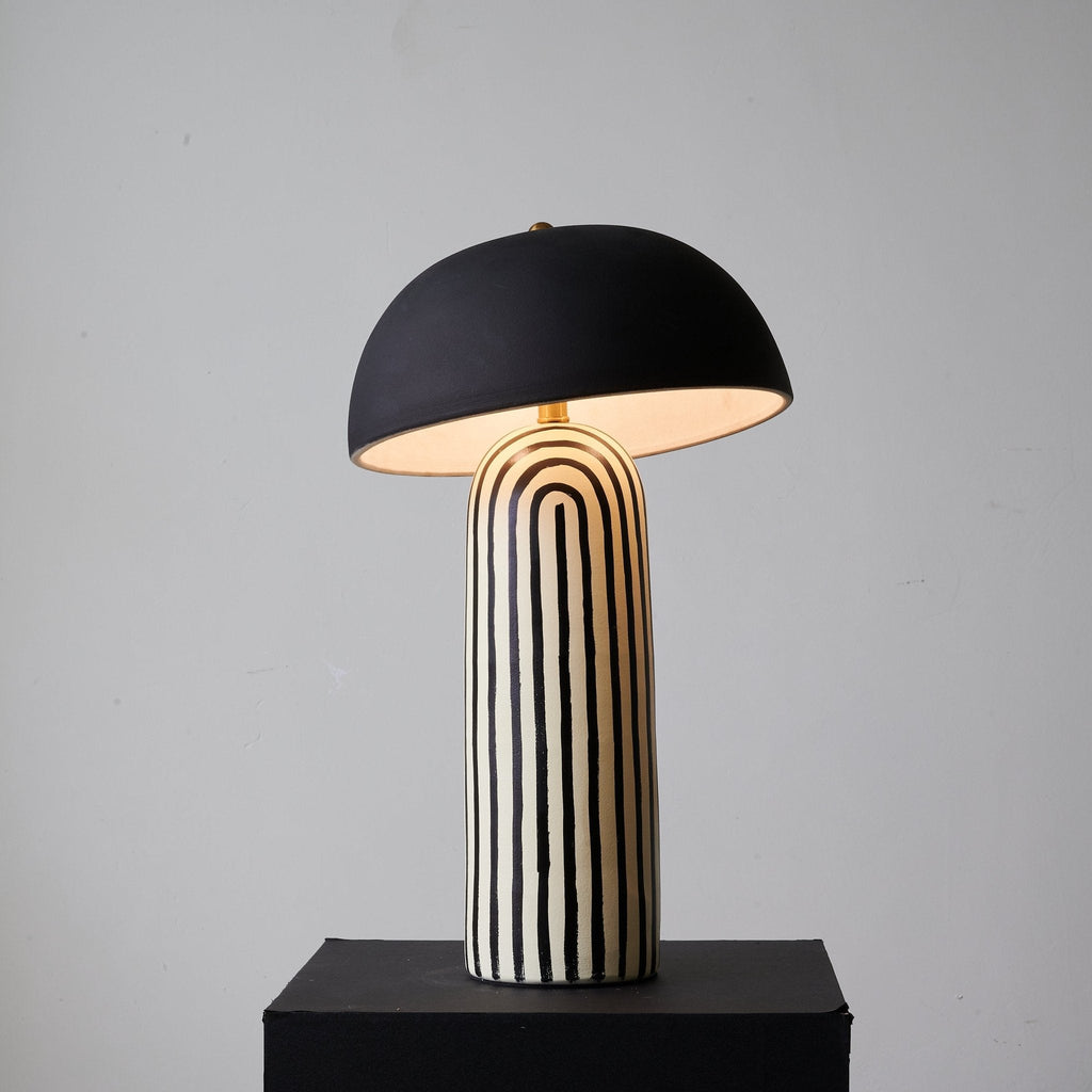 Modern Striped Table Lamp Black Dome Shade Ceramic 2