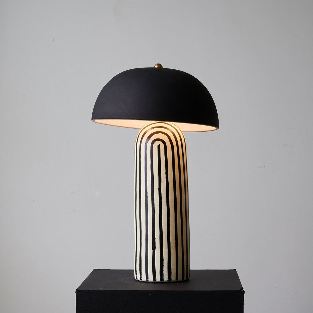 Modern Striped Table Lamp Black Dome Shade Ceramic 3