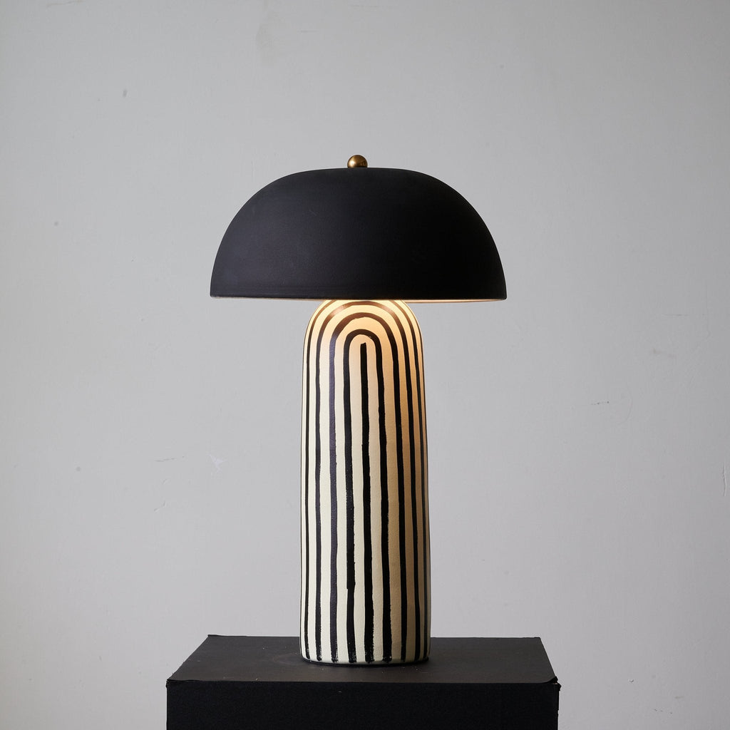 Modern Striped Table Lamp Black Dome Shade Ceramic 4