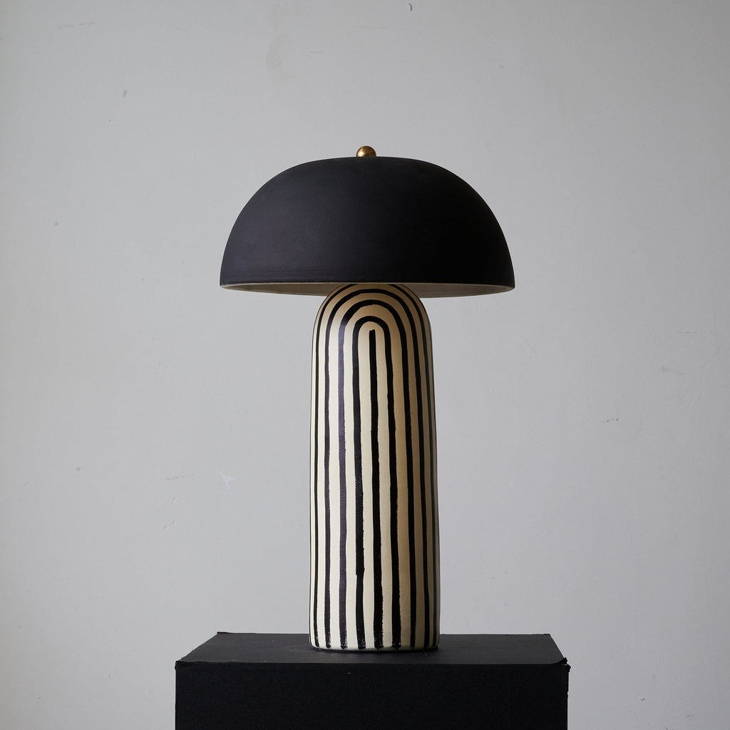 Modern Striped Table Lamp Black Dome Shade Ceramic 7