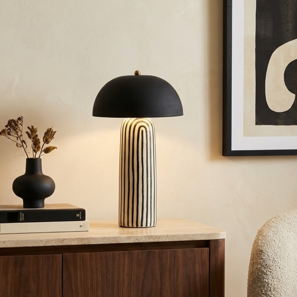Modern Striped Table Lamp Black Dome Shade Ceramic 99