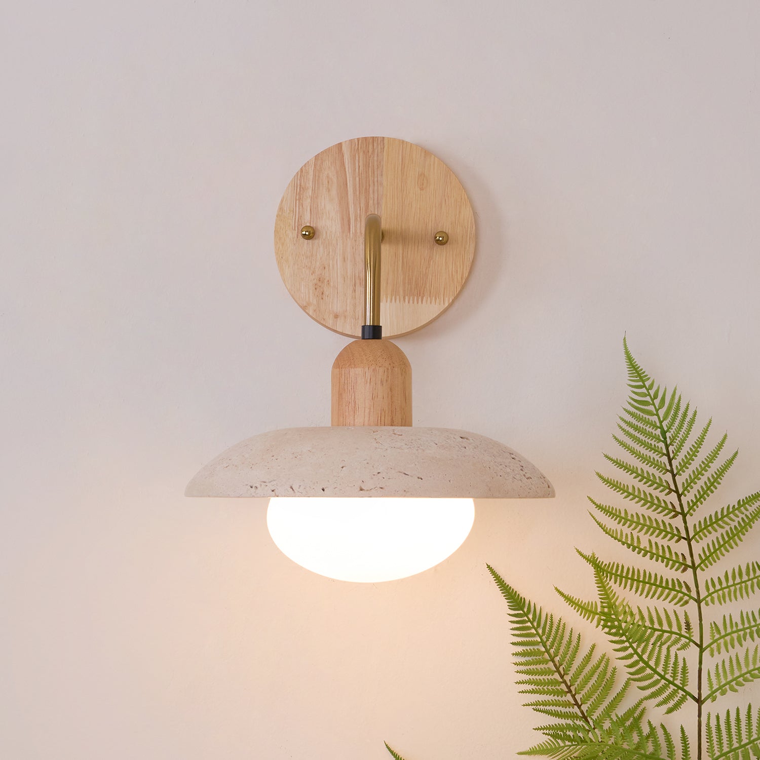 Modern Wall Light with Yellow Travertine Shade and Wood Base - Damp Rated Bathroom Sconce 3