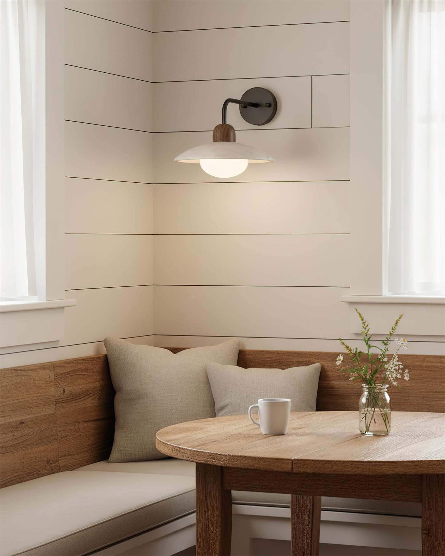 Modern Wall Light with Yellow Travertine Shade and Wood Base - Damp Rated Bathroom Sconce 8