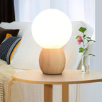 Modern Wood Table Lamp with Glass Orb Shade – Stylish Bedside or Desk Lamp in White and Beige Finish 1