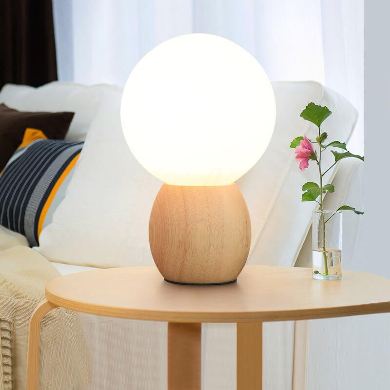 Modern Wood Table Lamp with Glass Orb Shade – Stylish Bedside or Desk Lamp in White and Beige Finish 1