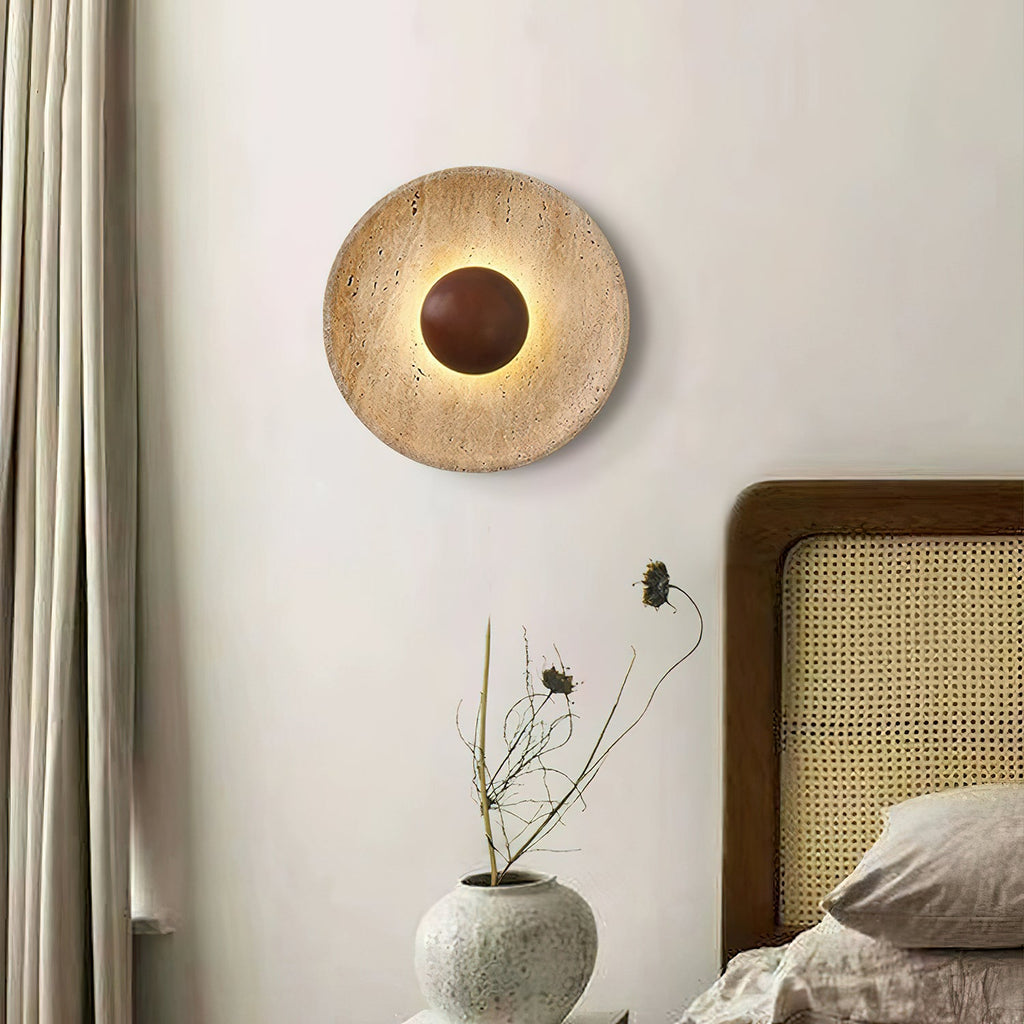 Modern Yellow Travertine Wall Sconce With Wood Base 2