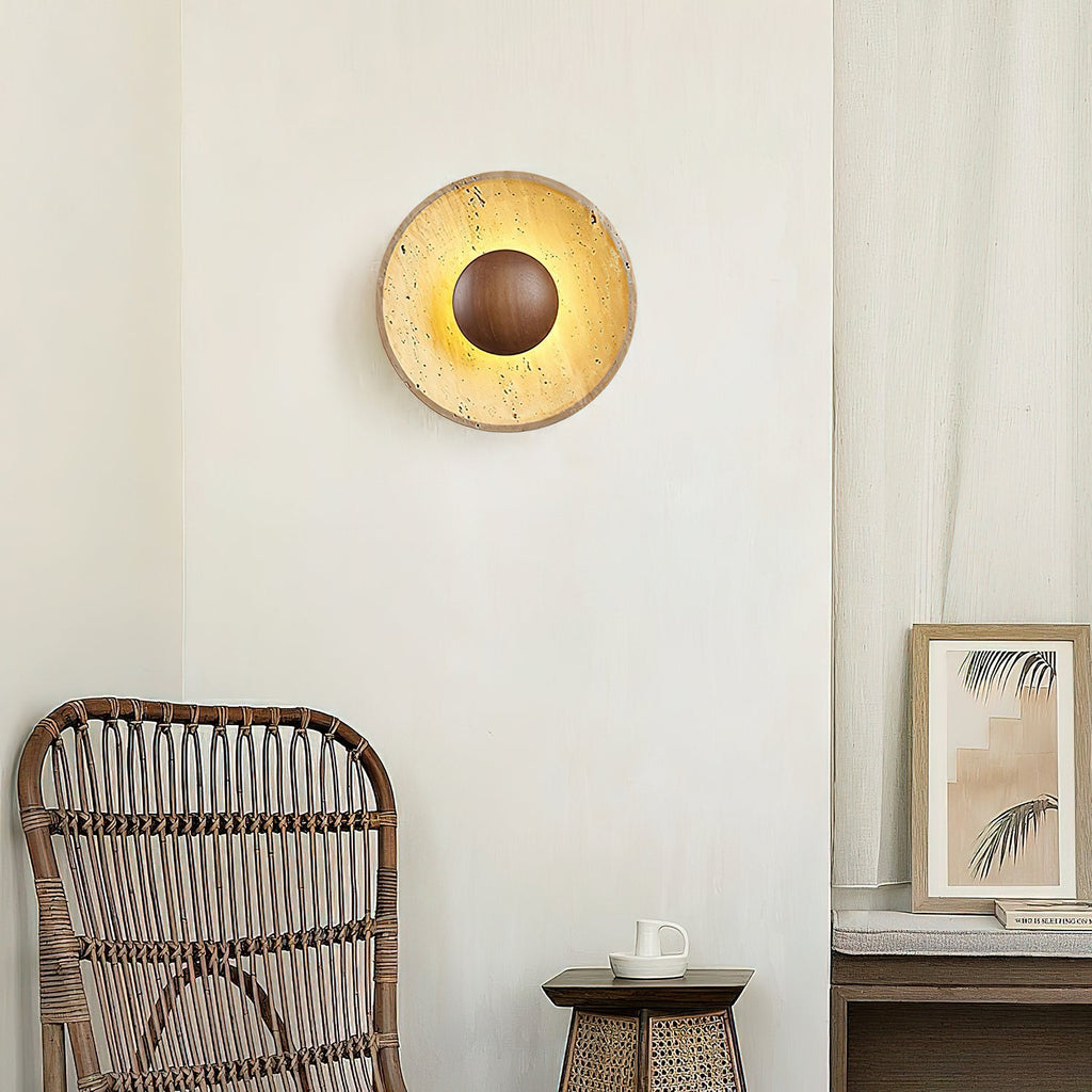 Modern Yellow Travertine Wall Sconce With Wood Base 3